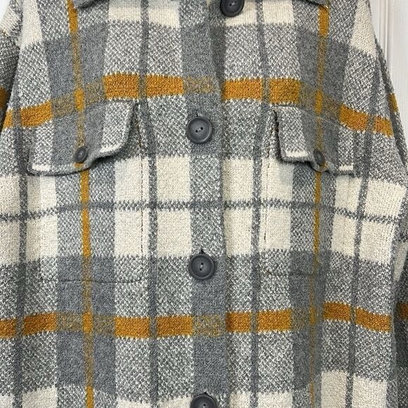 Rachel Zoe Grey Cream Mustard Plaid Sweater Shacket Size S  fits oversized - Picture 3 of 11